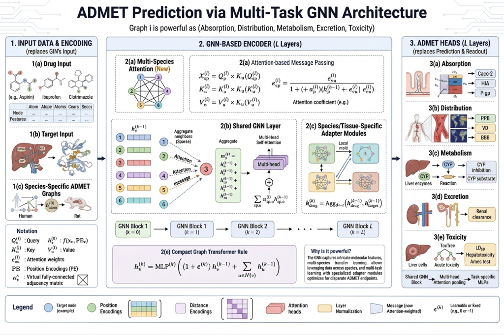 Technical infographic illustrating ADMET prediction using AI and Graph Neural Networks for drug absorption, distribution, metabolism, excretion, and toxicity analysis
