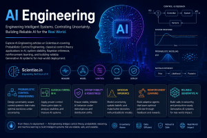 Futuristic AI Engineering infographic showing probabilistic control engineering, Bayesian inference, reinforcement learning, system stability, feedback control loops, and reliable Generative AI infrastructure
