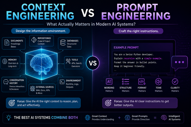 Context Engineering vs Prompt Engineering infographic comparing modern AI system workflows, memory, repositories, tools, and prompt design techniques