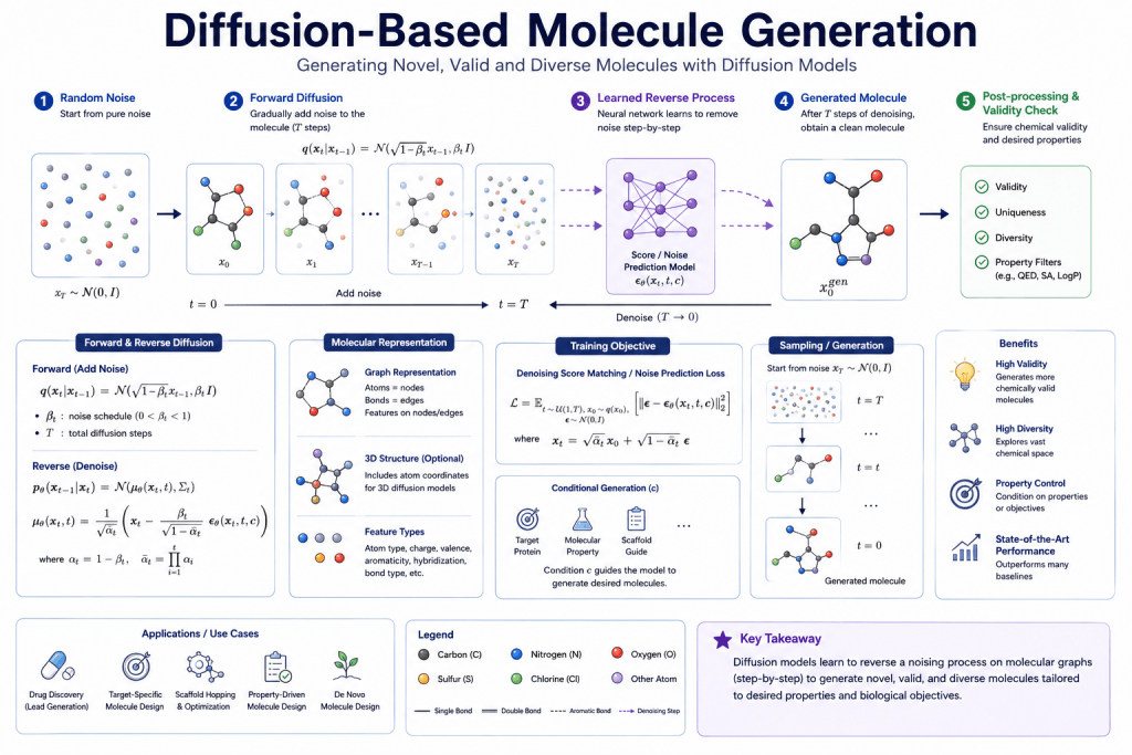 Technical infographic illustrating diffusion-based molecule generation using generative AI, molecular graphs, denoising diffusion models, and AI-driven drug design workflows