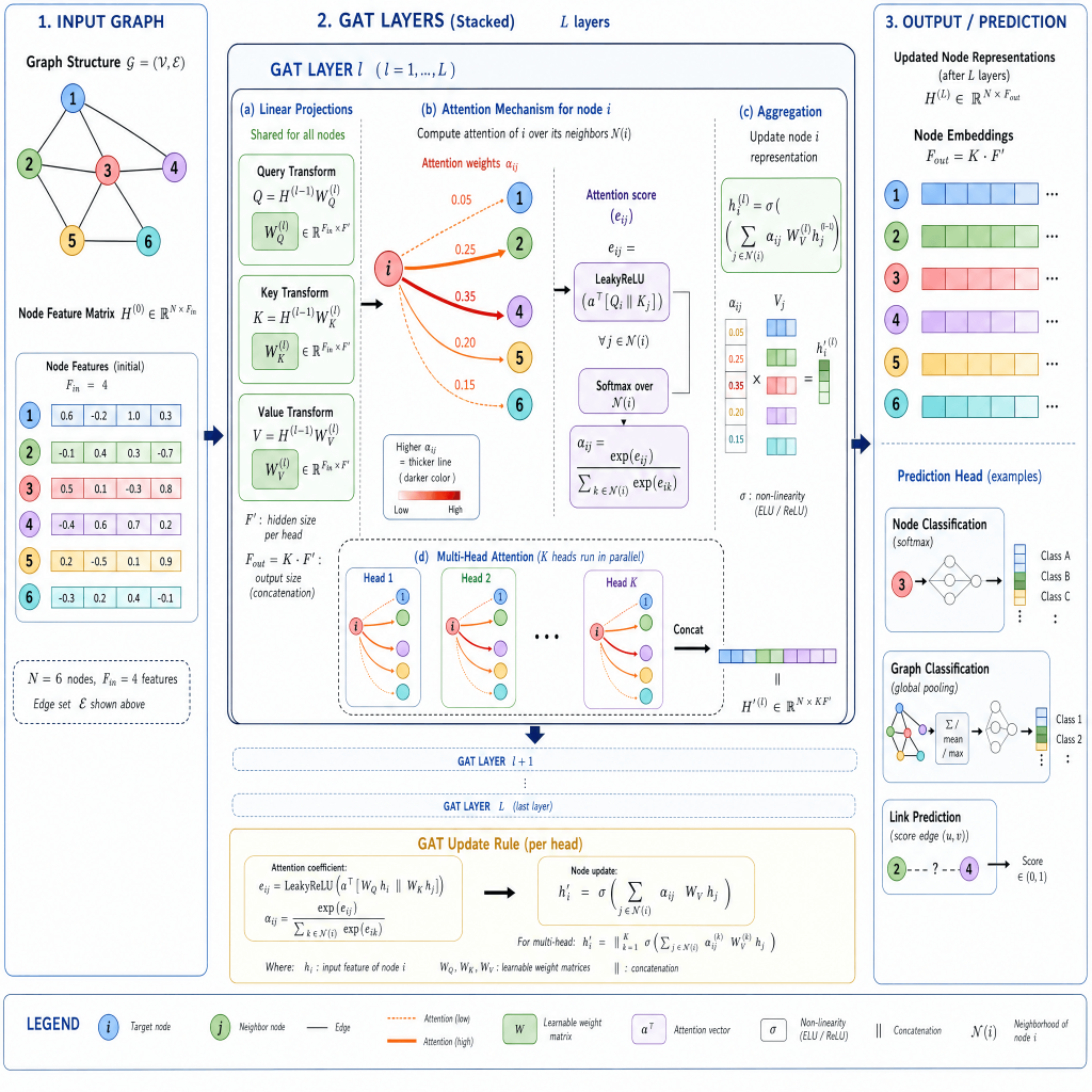 Detailed architecture diagram of Graph Attention Networks showing input graph, stacked GAT layers, attention mechanisms, node embeddings, aggregation, and prediction outputs
