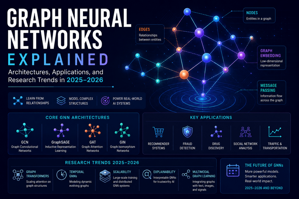 Infographic explaining Graph Neural Networks architectures, applications, message passing, graph embeddings, and research trends in modern AI systems