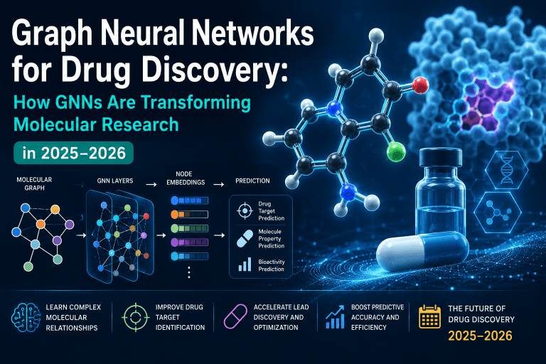 Futuristic infographic showing Graph Neural Networks applied to drug discovery, including molecular graphs, node embeddings, GNN layers, molecular prediction, and AI-driven pharmaceutical research