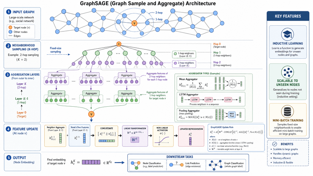 Technical diagram of GraphSAGE architecture showing neighborhood sampling, aggregation layers, feature updates, node embeddings, and scalable graph neural network learning