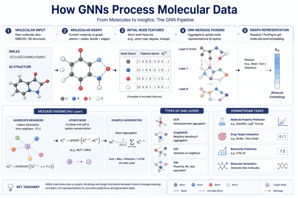 Technical infographic explaining how Graph Neural Networks process molecular data through graph construction, message passing, graph embeddings, and molecular prediction workflows