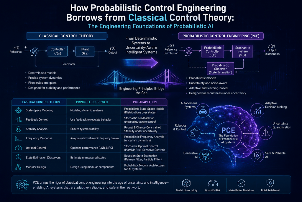 Technical infographic comparing classical control theory and probabilistic control engineering, showing feedback systems, stochastic control, uncertainty-aware AI systems, and adaptive probabilistic modeling