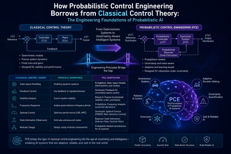 Technical infographic comparing classical control theory and probabilistic control engineering, showing feedback systems, stochastic control, uncertainty-aware AI systems, and adaptive probabilistic modeling
