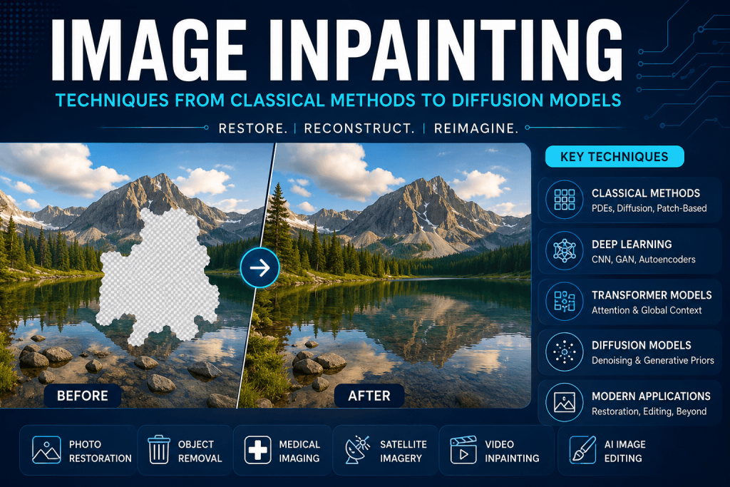 Infographic explaining modern image inpainting techniques including classical methods, deep learning, transformer models, and diffusion-based image reconstruction systems