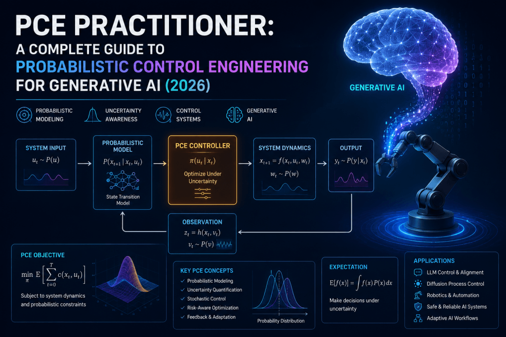 Futuristic infographic illustrating Probabilistic Control Engineering for Generative AI, including probabilistic models, uncertainty-aware control systems, stochastic optimization, feedback loops, and AI-driven adaptive workflows
