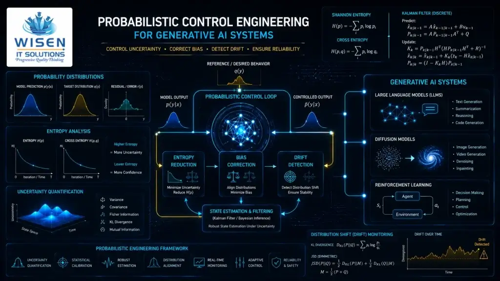 Technical infographic showing Probabilistic Control Engineering for Generative AI with probabilistic control loop, entropy reduction, bias correction, drift detection, Shannon entropy formula, Kalman filter equations, and Generative AI systems including LLMs, diffusion models, and reinforcement learning
