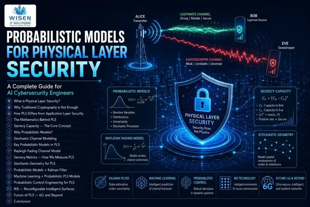 Probabilistic Models for Physical Layer Security — Complete guide showing Alice-Bob-Eve wiretap channel, Rayleigh fading model, secrecy capacity formula, stochastic geometry, Kalman filter, and RIS technology for AI cybersecurity engineers