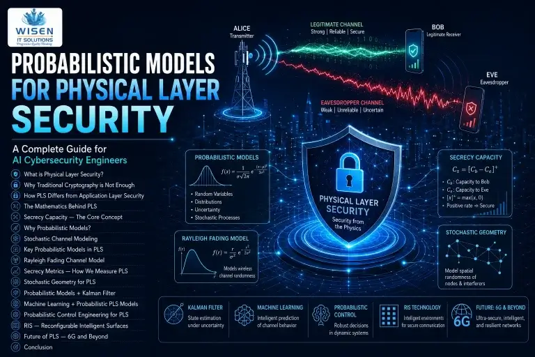 Probabilistic Models for Physical Layer Security — Complete guide showing Alice-Bob-Eve wiretap channel, Rayleigh fading model, secrecy capacity formula, stochastic geometry, Kalman filter, and RIS technology for AI cybersecurity engineers