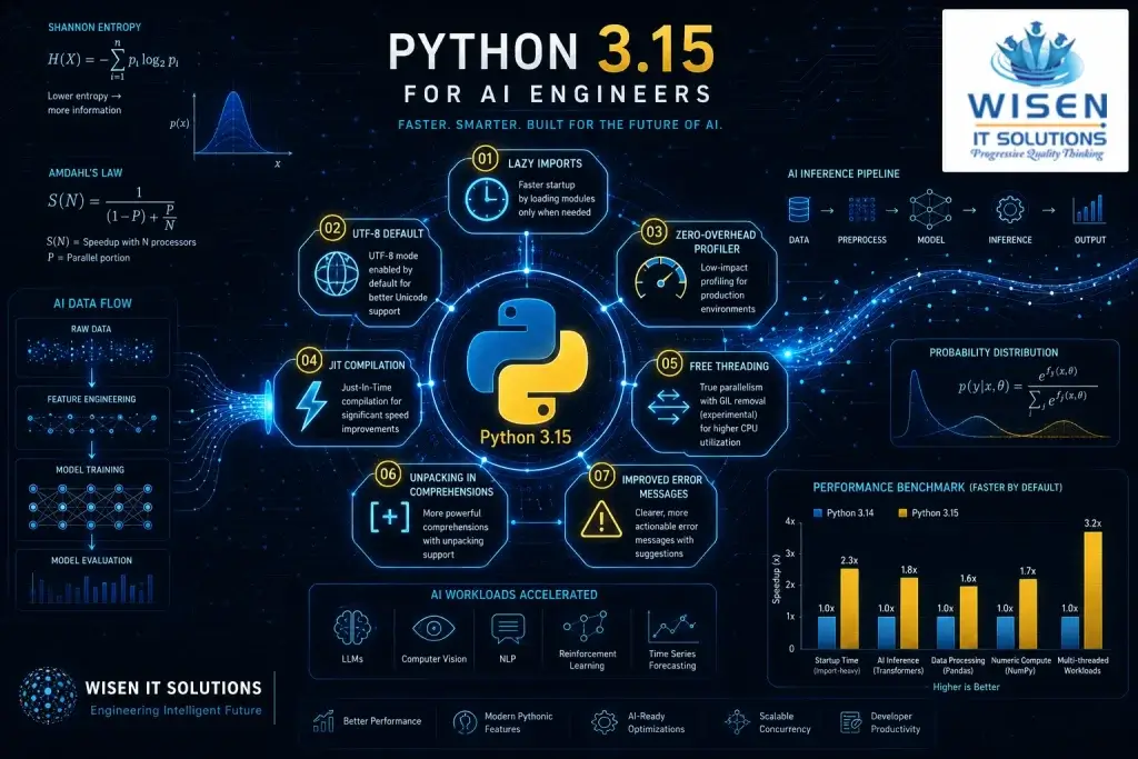 Technical infographic showing Python 3.15 for AI Engineers featuring seven key features — lazy imports, UTF-8 default, zero-overhead profiler, JIT compilation, free threading, unpacking in comprehensions, and improved error messages — with Shannon entropy formula, Amdahl's Law, AI inference pipeline, probability distribution equation, and performance benchmark chart comparing Python 3.14 and Python 3.15 speedups across AI workloads