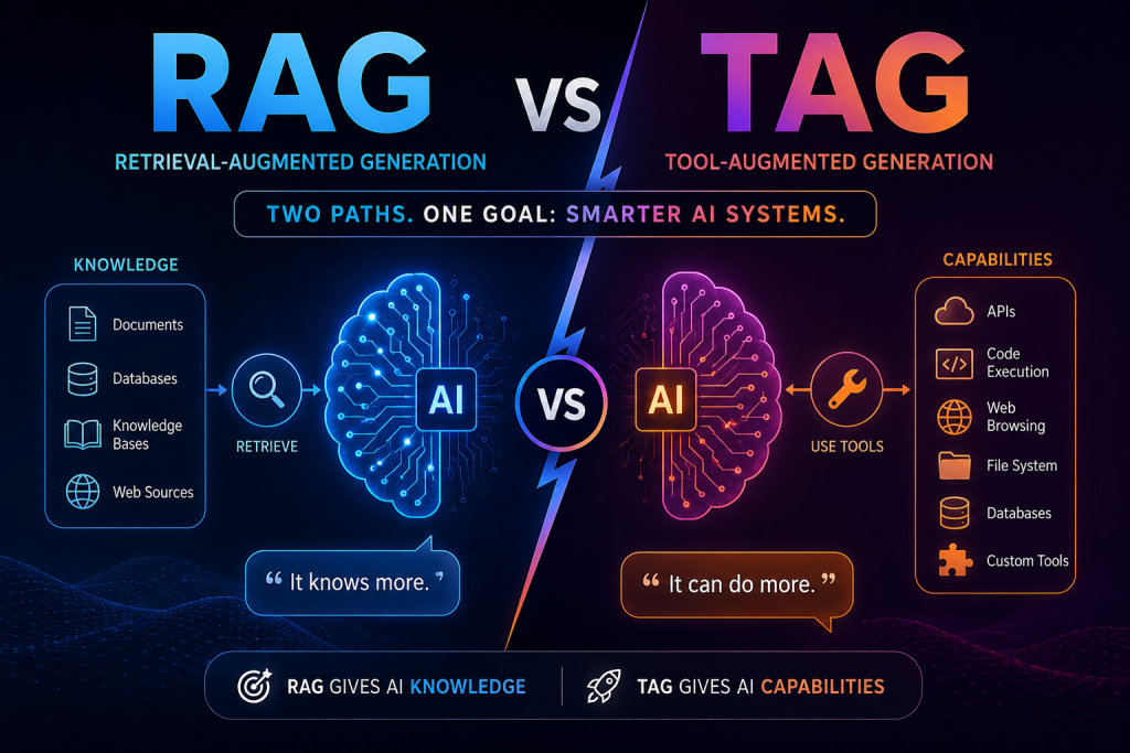 RAG vs TAG infographic comparing Retrieval-Augmented Generation and Tool-Augmented Generation in modern AI systems and AI agents