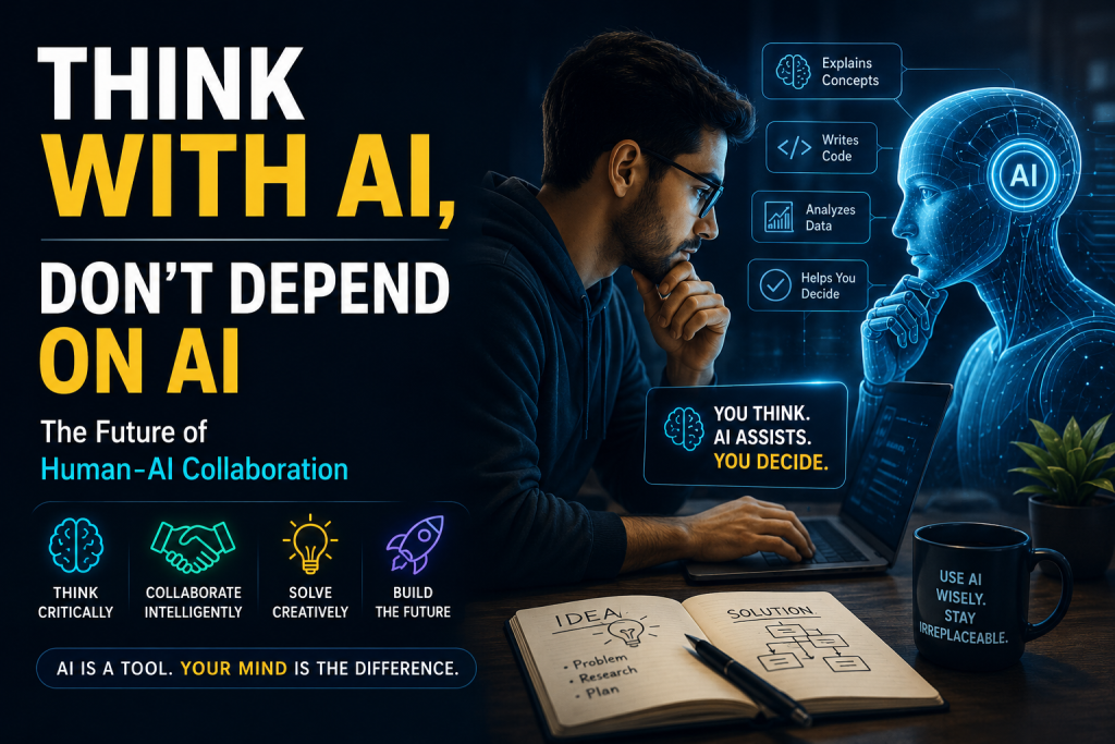 Think With AI featured image representing human-AI collaboration, critical thinking, and the future of AI-assisted software engineering
