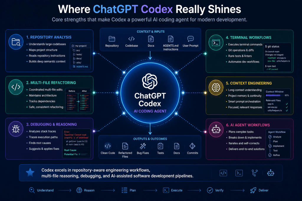 Technical architecture infographic showing where ChatGPT Codex excels, including repository analysis, debugging, multi-file refactoring, terminal workflows, context engineering, and AI agent orchestration
