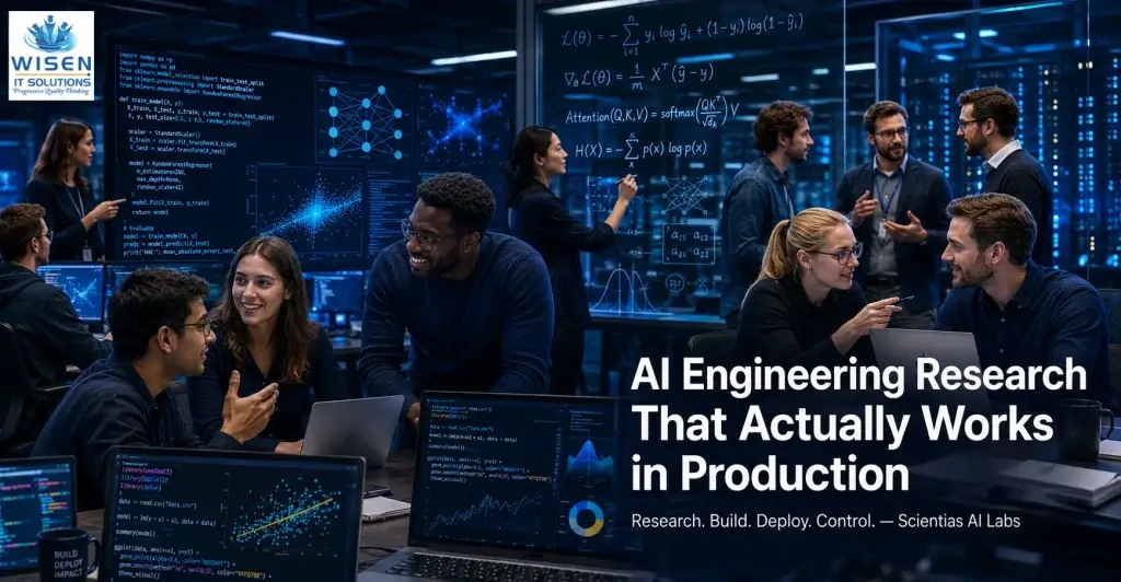Diverse team of AI engineering professionals collaborating in a high-tech research laboratory with Python code, R code, neural network diagrams, and mathematical equations visible on screens and glass boards — Scientias AI Labs by Wisen IT Solutions